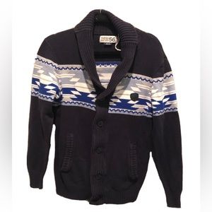 PARISH NATION 56 Shawl Sweater Mens Medium Southwest Aztec Navy Blue Button Up